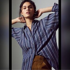 Pilcro Navy and White Striped Button Down Shirt